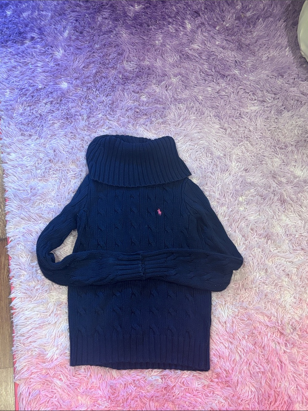 Polo by Ralph Lauren Navy Cable Knit Turtleneck Sweater with Pink Pony